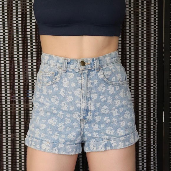 American Apparel high waisted jean shorts with subtle flower print! - Picture 2 of 3
